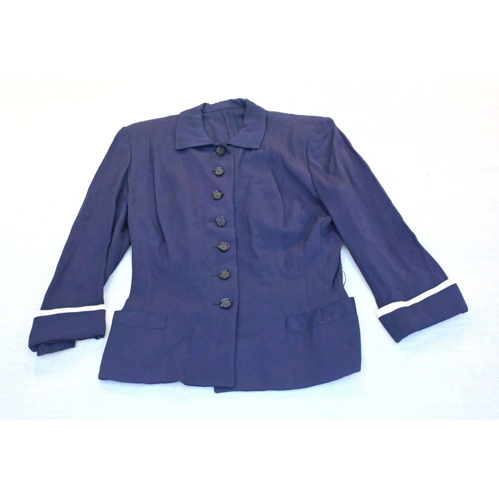Vintage 1950s Womens Fitted Navy Blazer White Turnback Cuffs Shoulder Pads Sharp
